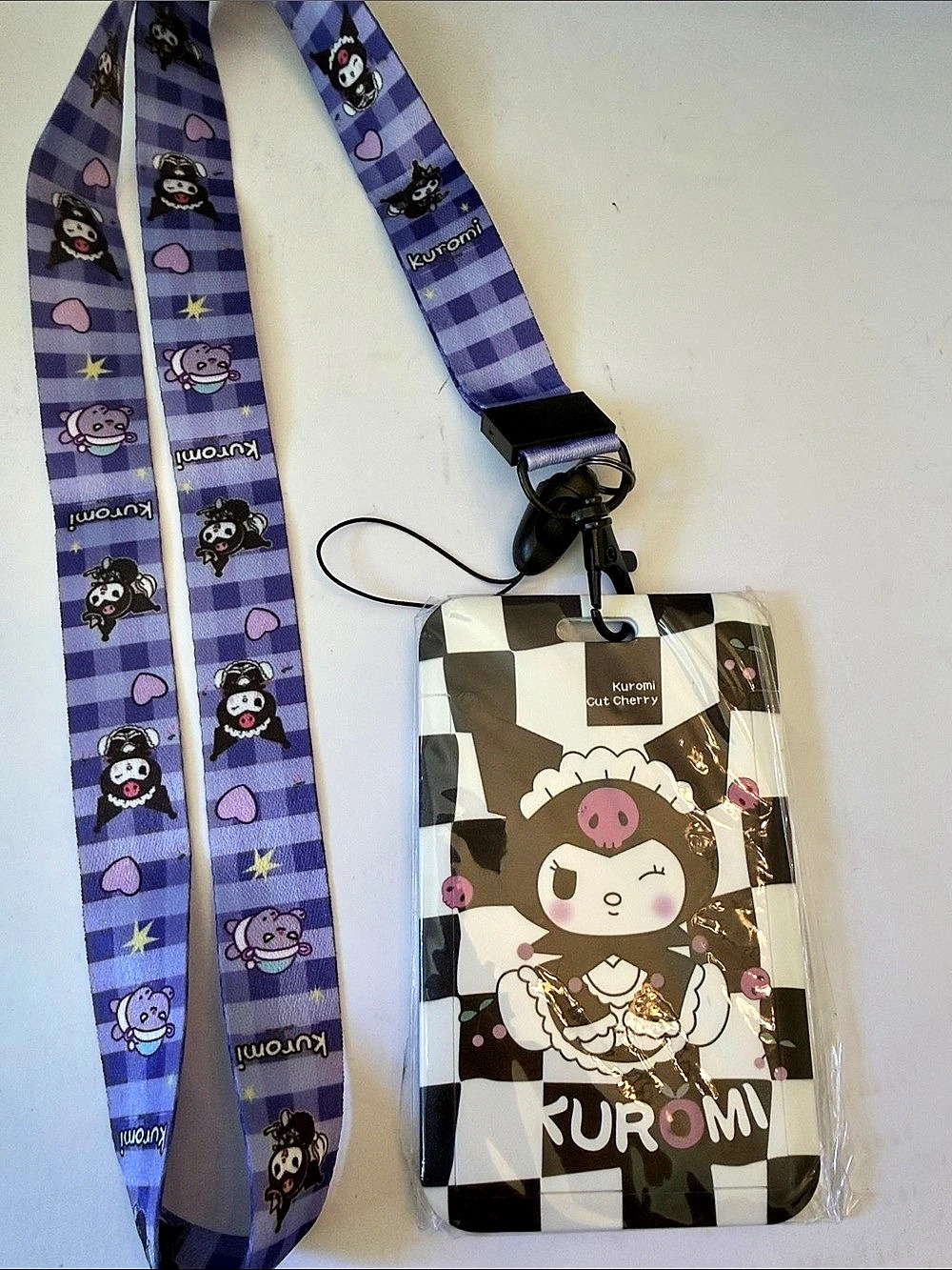 Sanrio Kuromi Cut Cherry Phone Pouch with Lanyard in Purple & Black